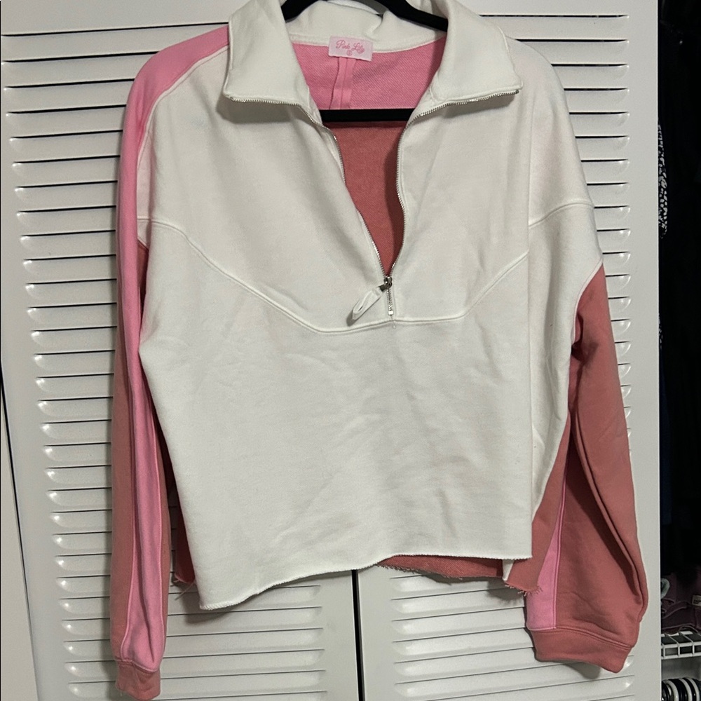 Pink Lily Colorblock Half-Zip Sweatshirt - White and Pink